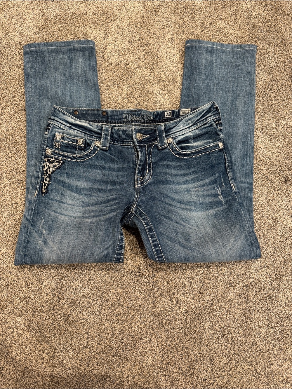 Miss Me Denim Bootcut Jeans with Embroidered Pocket - Blue Wash